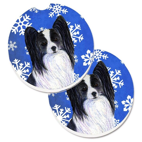 Carolines Treasures Papillon Winter Snowflakes Holiday Set of 2 Cup Holder Car Coaster SS4643CARC - main